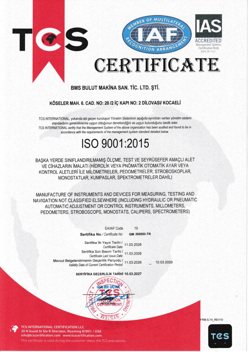 BMS Bulut Makina ISO 9001:2015 Certificate